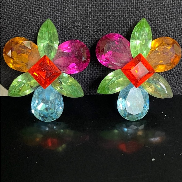 Wendy Gell clip on earrings vintage 1” rhinestone pink green red blue orange - Picture 1 of 7